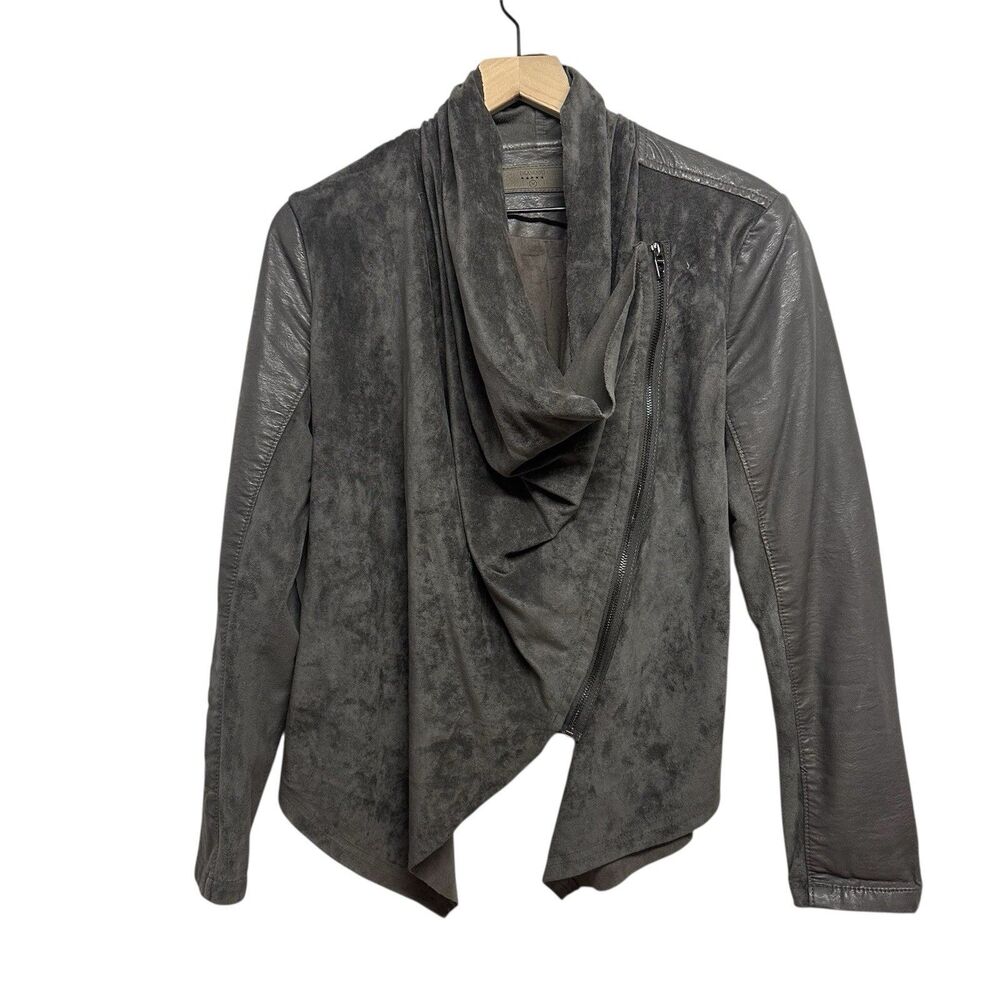 BLANK NYC Women's Sz M Gray Faux Leather/Suede Drape Front Full Zip Jacket Moto